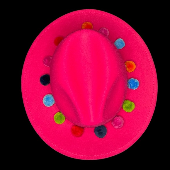 Pink hat with multi colored balls around the rim - Picture 2 of 2